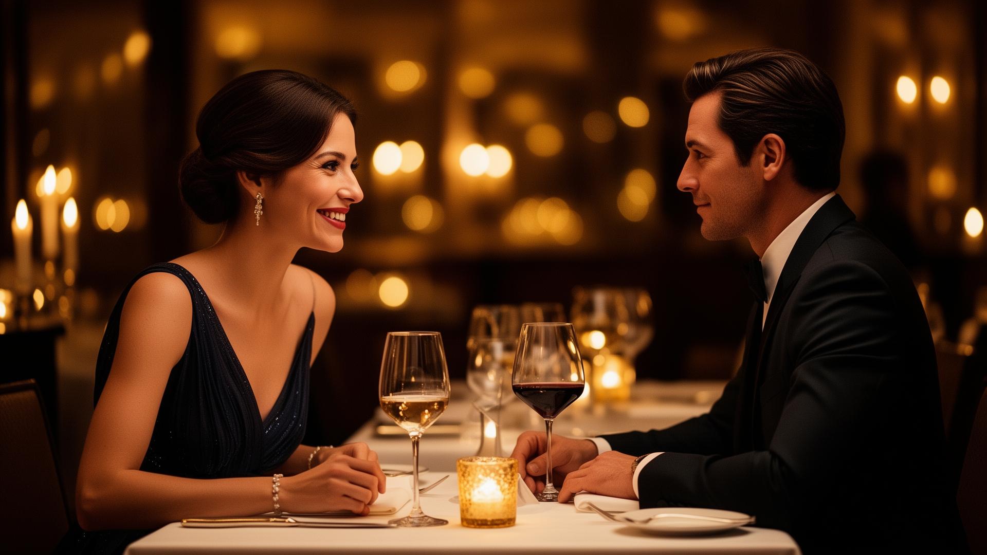 An elegant couple sharing a candlelit moment